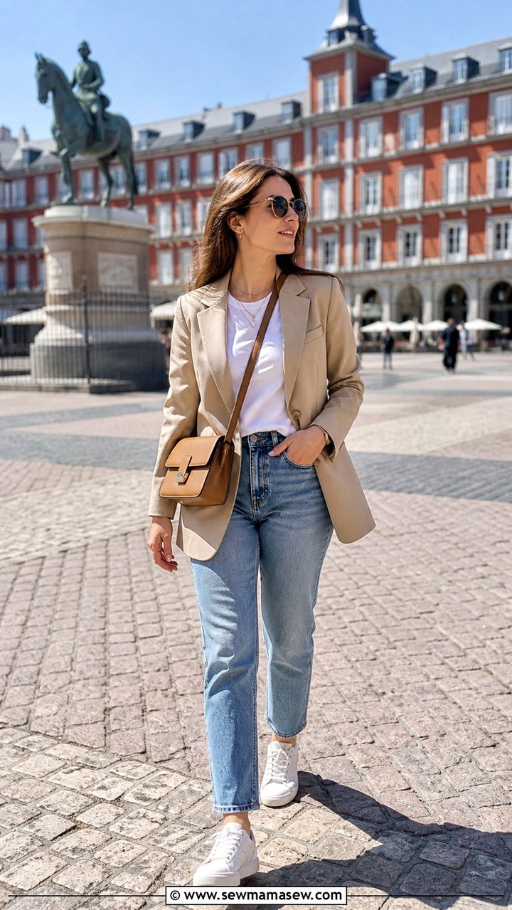 Tailored blazer with straight leg jeans and leather sneakers - 40 What to wear in Madrid