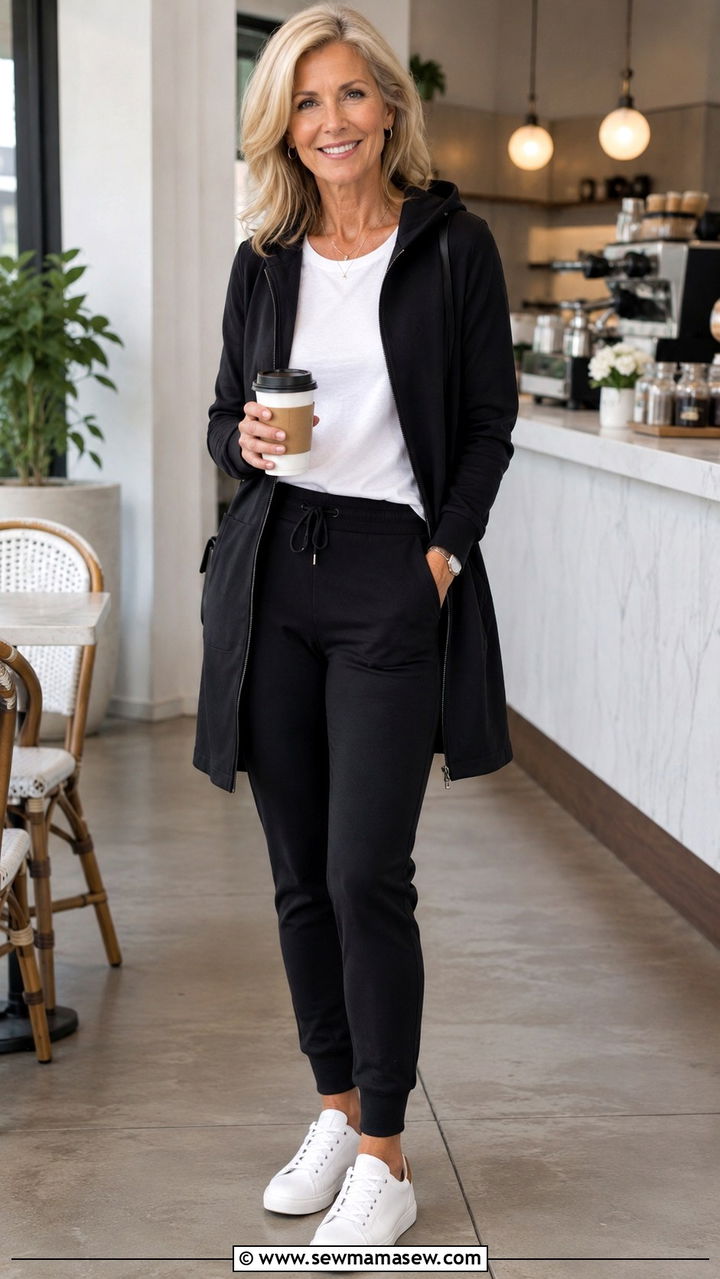 Tailored joggers with a longline zip up jacket and leather sneakers - 25 Athleisure outfit ideas for women over 50