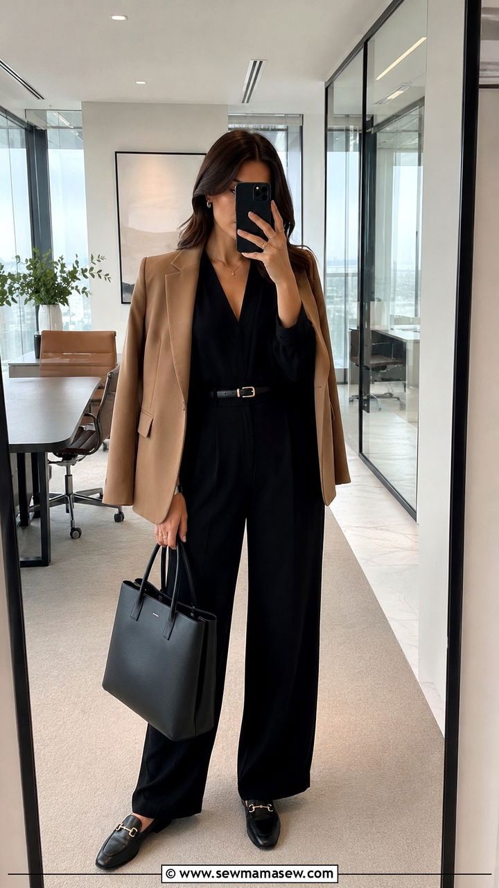 Tailored jumpsuit and loafers office outfit - 25 Work outfit ideas for Monday