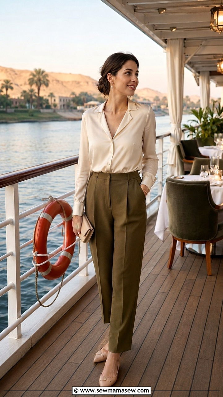 Tailored olive trousers with a cream silk blend blouse - 30 Nile cruise outfit ideas