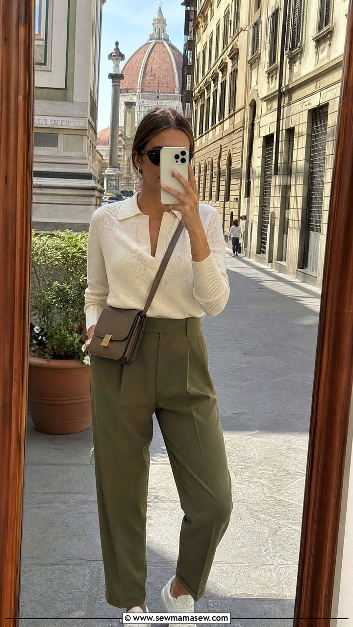 Tailored pants and knit top with white sneakers - 35 Italy spring outfit ideas