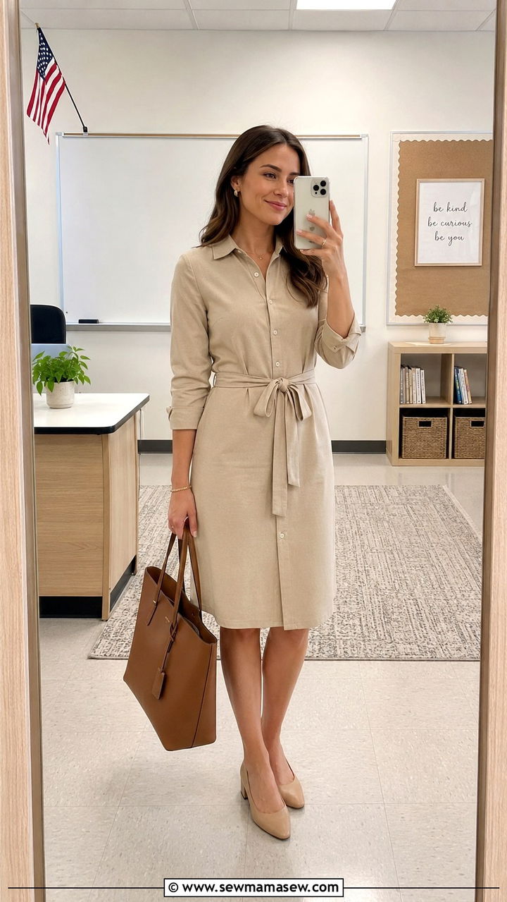 Tailored shirt dress with structured tote outfit - 30 Interview outfit ideas for teachers
