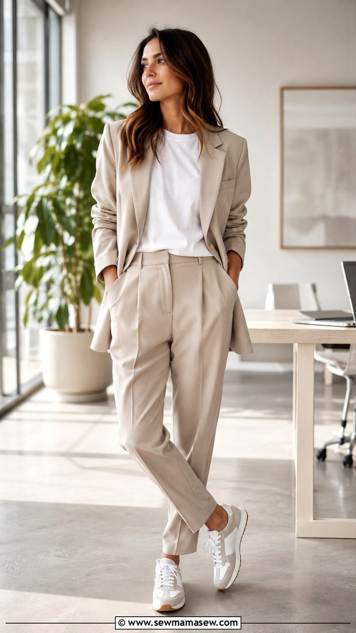 Tailored suit with sneakers and a tee - 30 transitional sneaker outfit ideas
