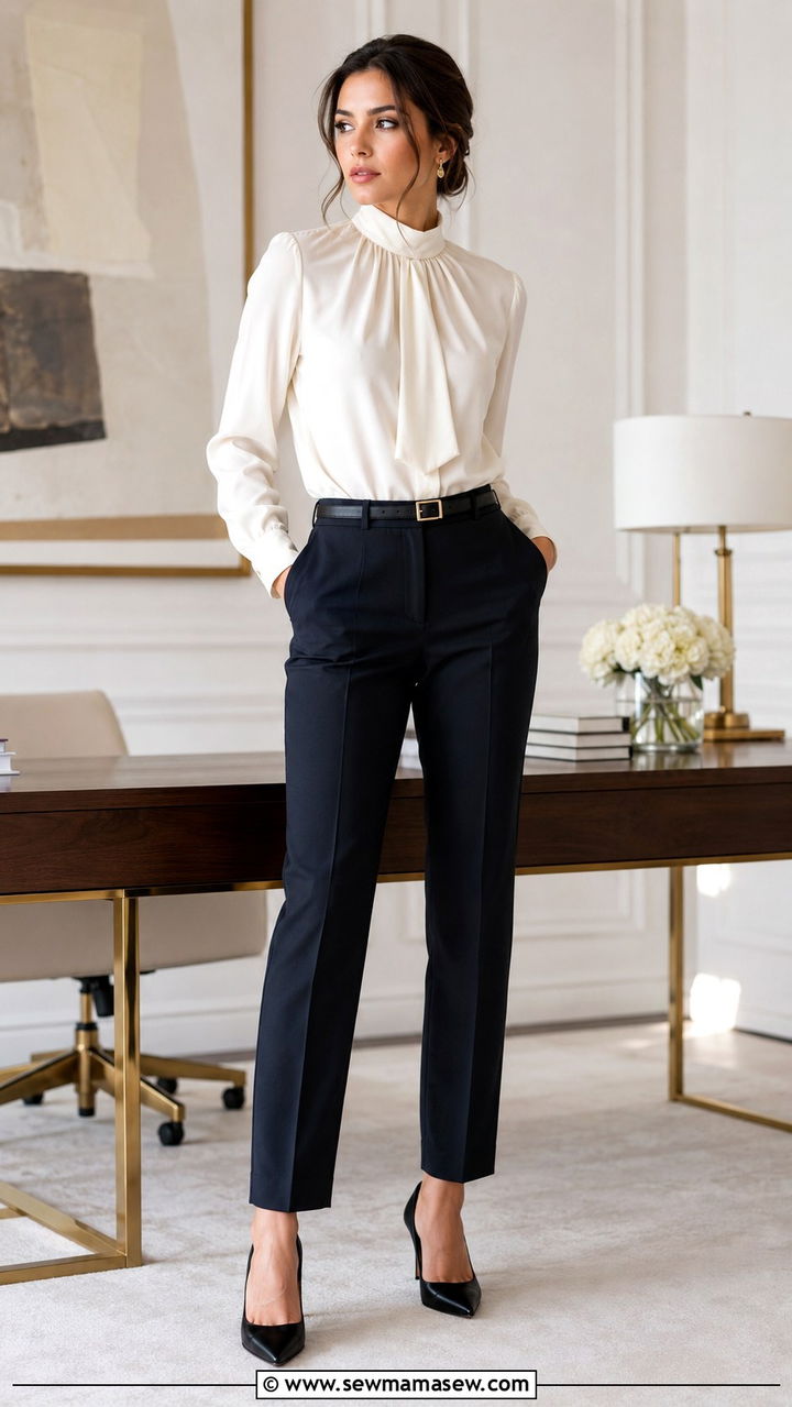 Tailored trousers and high neck blouse outfit - 30 Spring Parisian outfits 2026