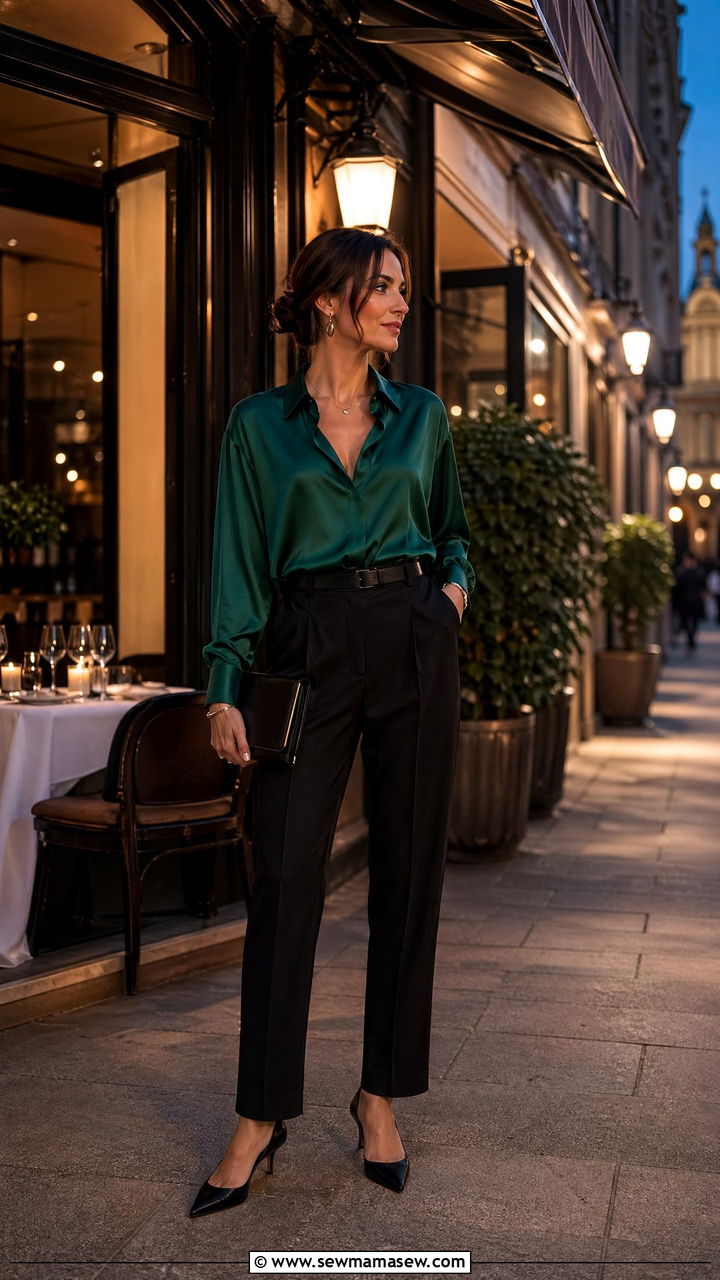 Tailored trousers with a silk blouse and pointed toe heels European dinner outfit - 35 Europe travel outfits for women
