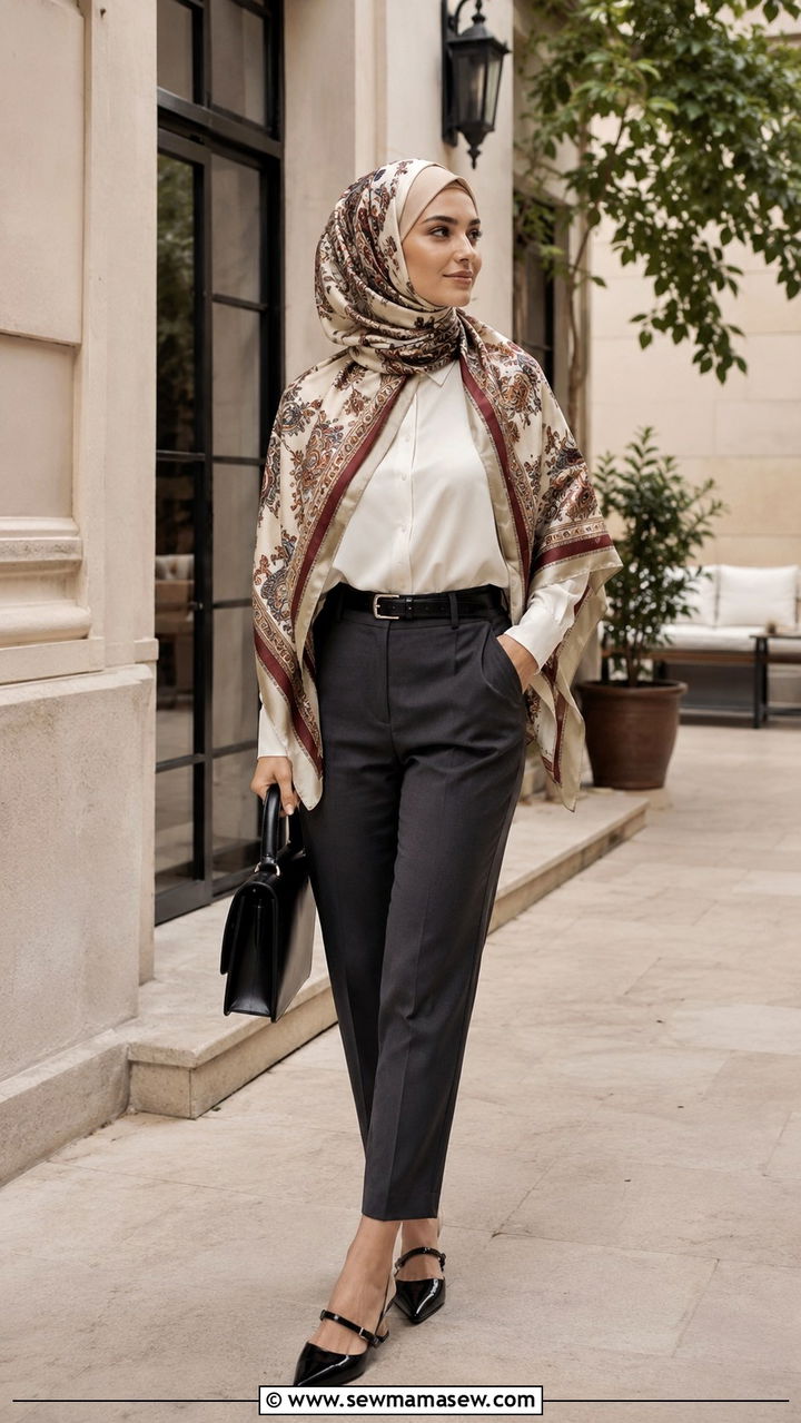 Tailored trousers with silk blouse and scarf outfit - 20 Modest outfit ideas for Turkey