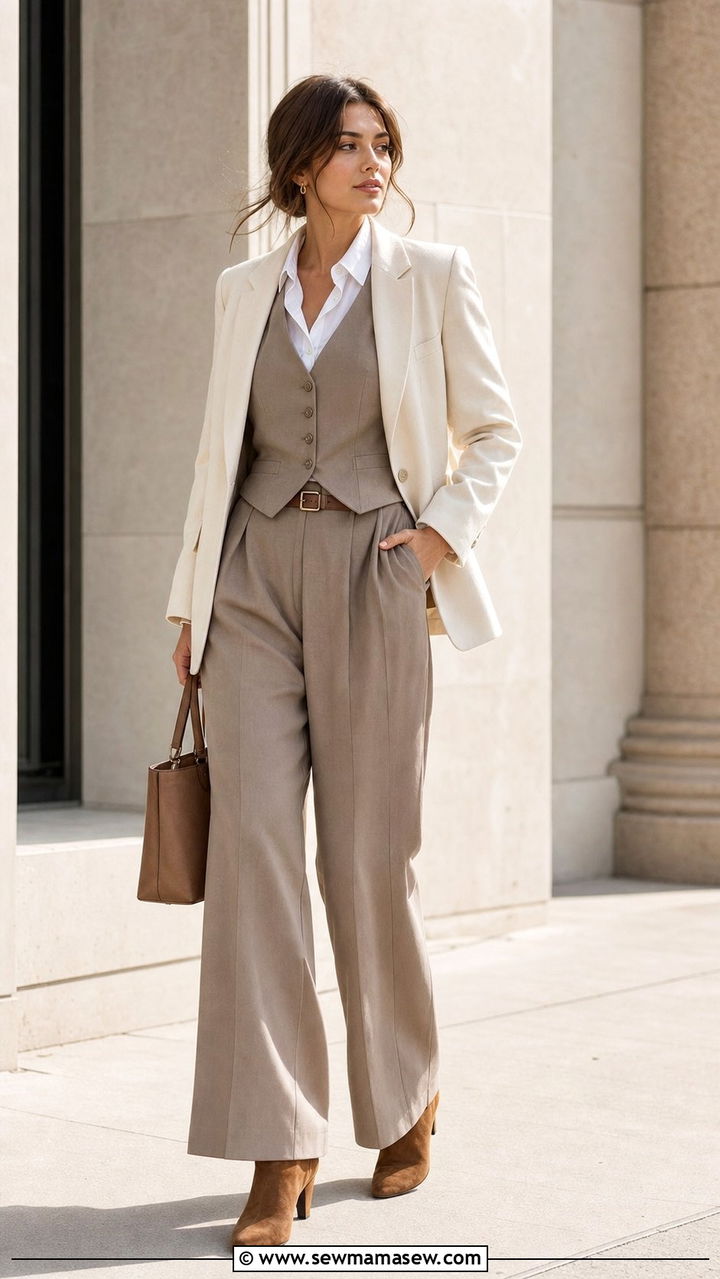 Tailored vest and high waisted trousers with cream blazer outfit - 25 spring light academia outfits