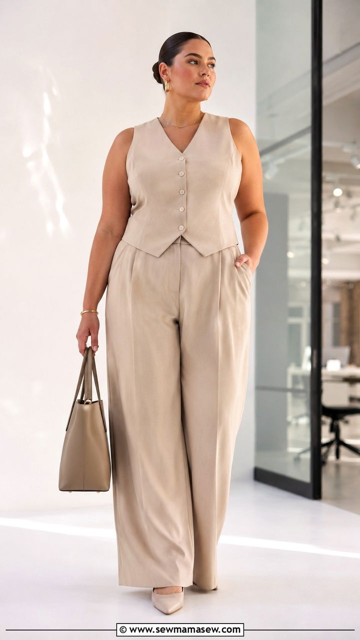 Tailored vest with fluid wide leg trousers - 30 Plus size outfit ideas spring 2026