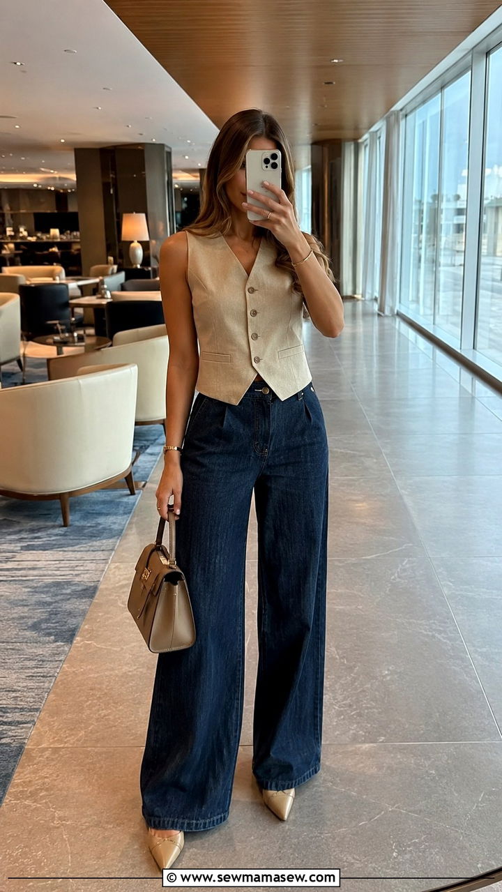 Tailored vest with wide leg jeans travel outfit - 30 chic travel outfits for women