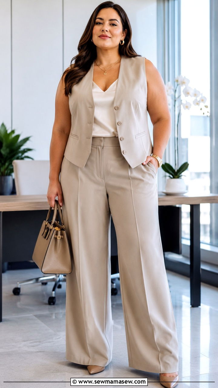 Tailored vest with wide leg trousers apple shape work - 25 Outfit ideas for apple shape for work