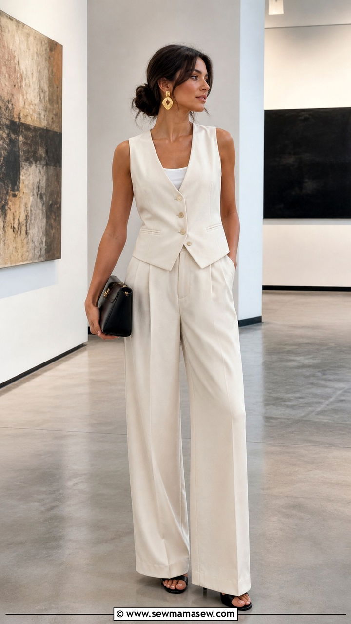 Tailored vest with wide leg trousers outfit - 40 Parisian chic outfit ideas