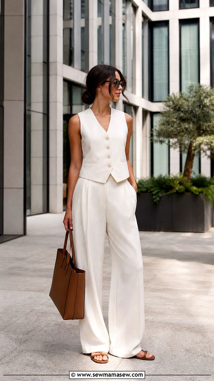 Tailored white wide leg trousers with sleeveless vest - 40 Summer outfit ideas 2026