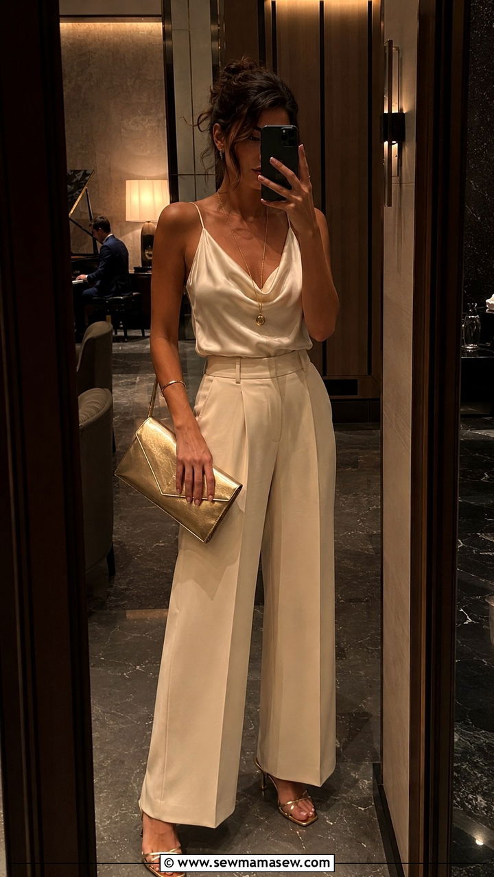 Tailored wide leg trousers with silk camisole blouse - 25 Travel outfit ideas for honeymoon