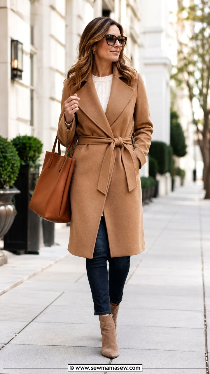 Tailored wrap coat with jeans outfit - 25 Quiet luxury outfit ideas for women over 40