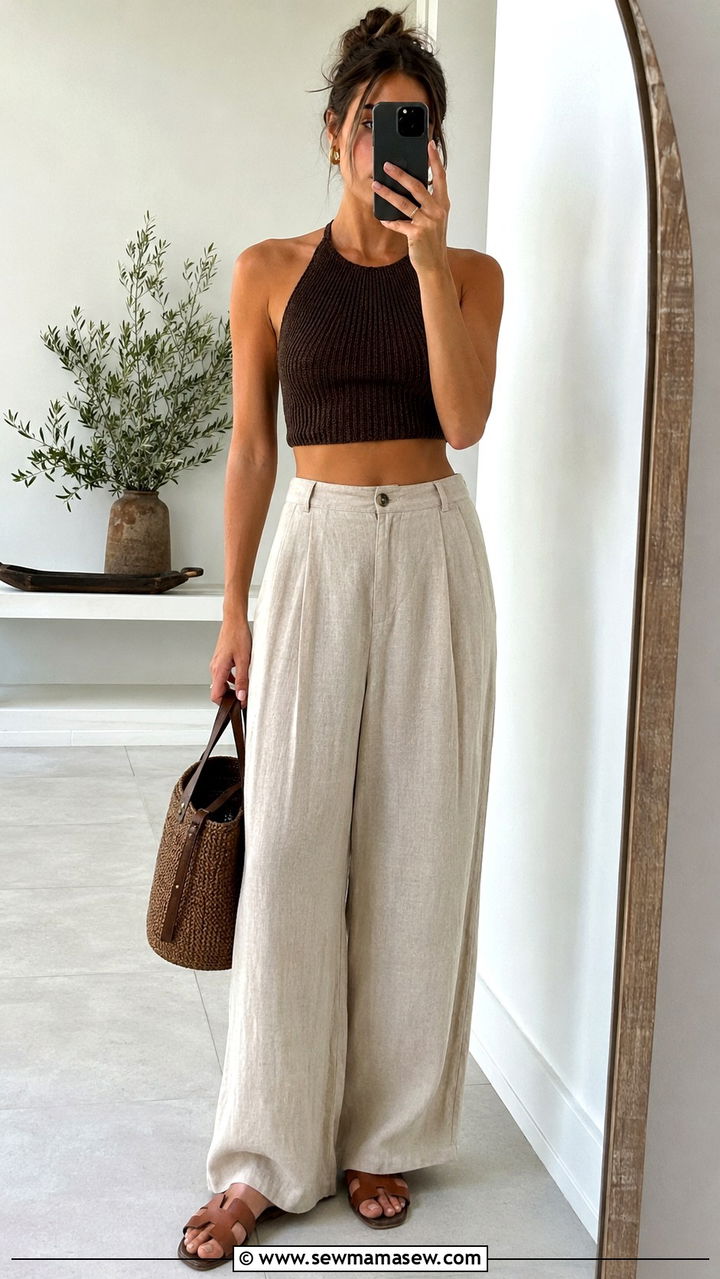 Tall Woman Vacation Linen Trousers and Crop Top Outfit - 25 Vacation outfits for tall women
