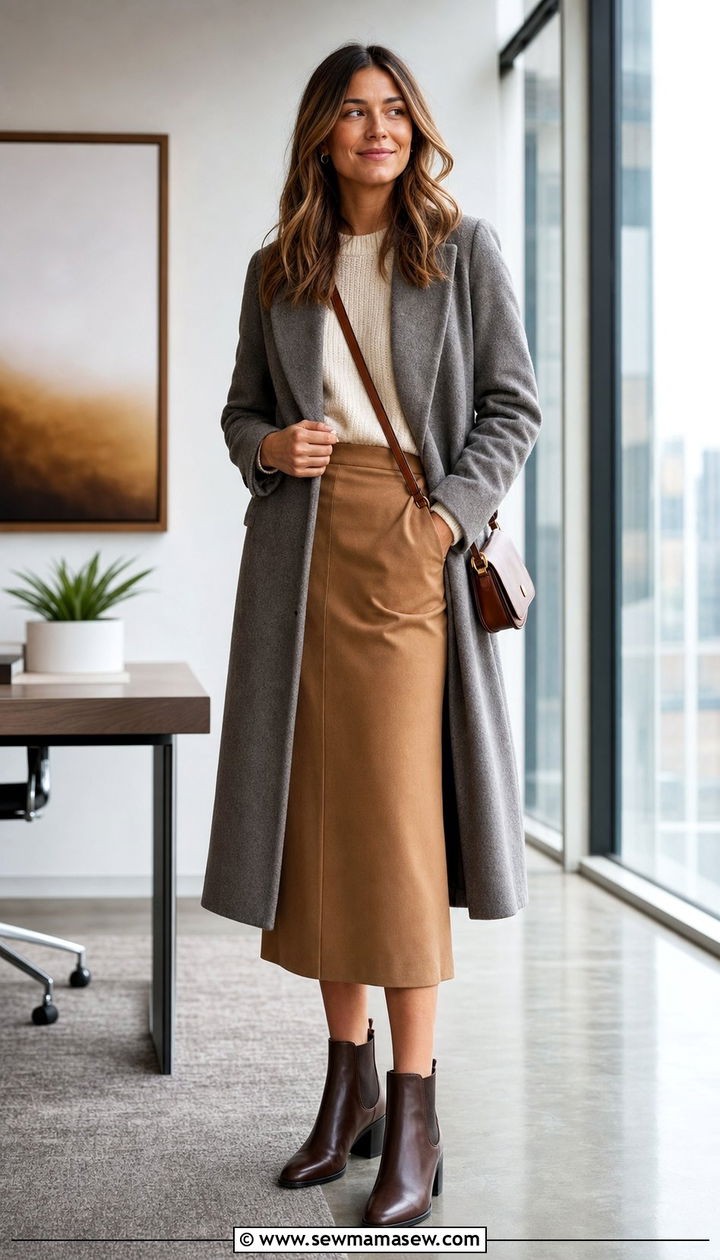 Tall Women Ankle Boots With Midi Skirt And Sweater - 35 Business casual outfits for tall women