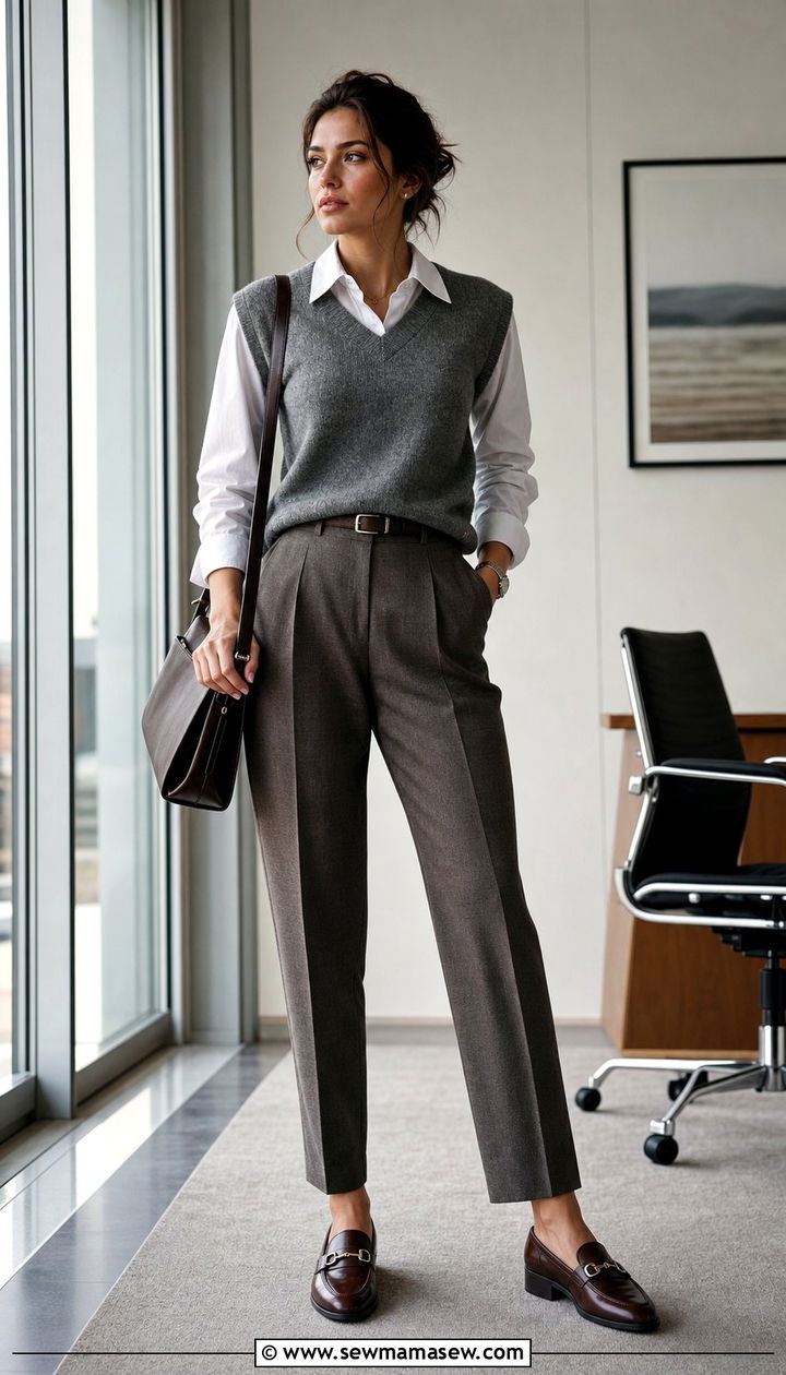 Tall Women Sweater Vest Over Button Down Shirt - 35 Business casual outfits for tall women