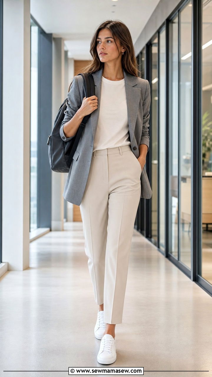 Tall Women White Sneakers With Trousers And Blazer - 35 Business casual outfits for tall women