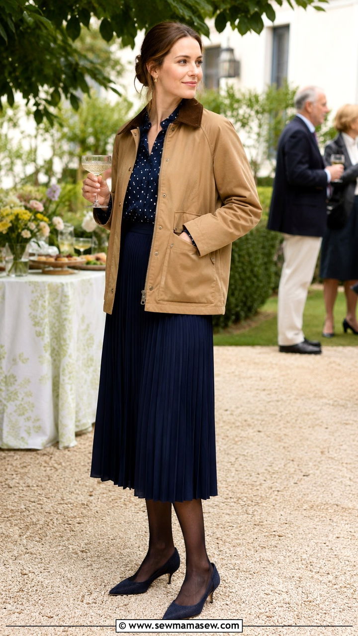 Tan Barn Jacket Over Polka Dot Blouse And Pleated Midi Skirt - 25 Old money outfit ideas with barn jacket