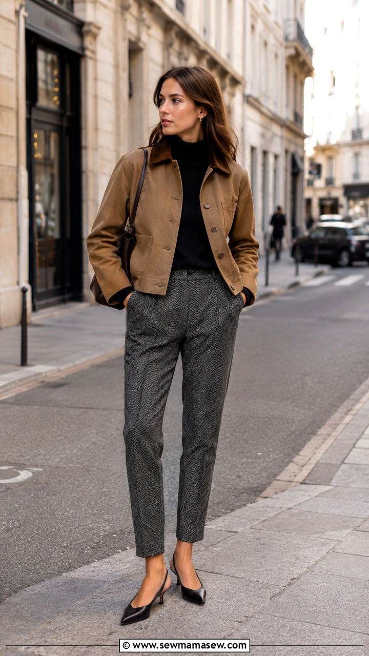 Tan Barn Jacket With Cigarette Trousers And Slingback Kitten Heels - 25 Old money outfit ideas with barn jacket