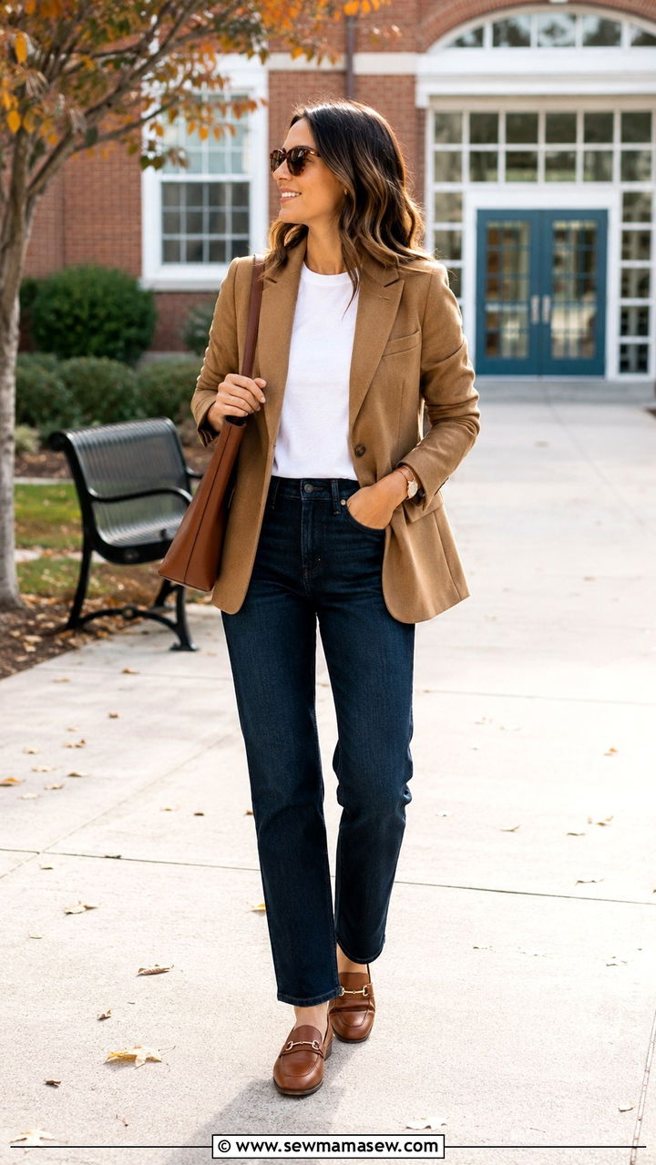 Tan Blazer With Dark Wash Straight Leg Jeans - 30 transitional teacher outfit ideas