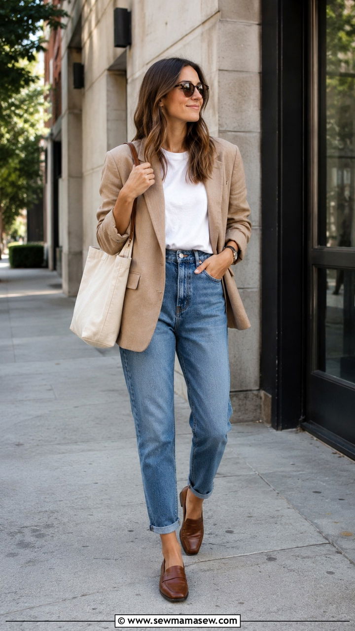 Tan Blazer With White Tee And Blue Mom Jeans - 30 casual minimalist outfits