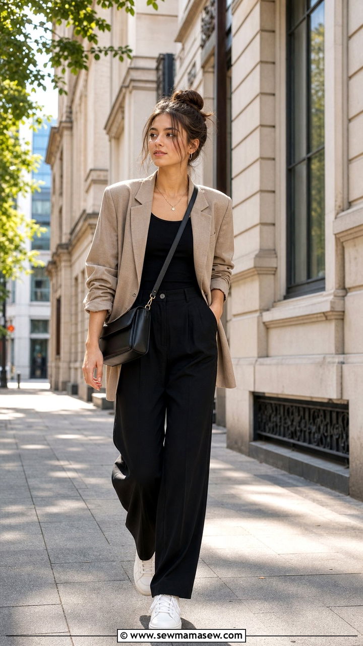 Tan Blazer and Black Wide Leg Pants - 25 Clean girl outfit ideas for school