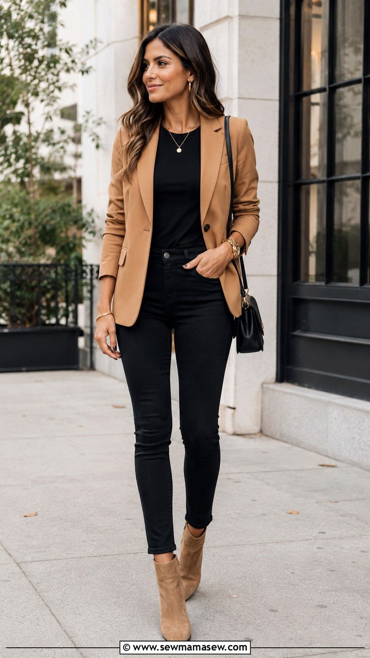Tan Blazer with Black Skinny Jeans Outfit - 30 Skinny jeans outfit ideas with a blazer