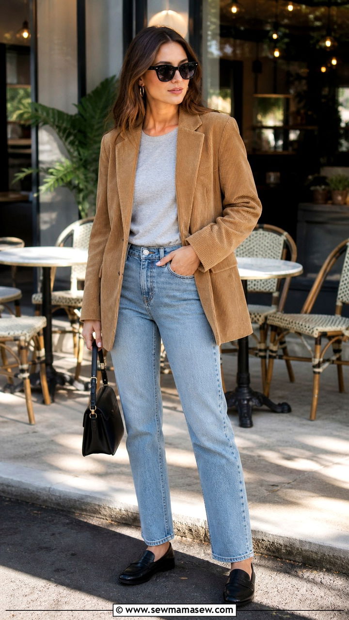 Tan Corduroy Blazer And Straight Leg Jeans With Loafers - 40 spring outfits for moms