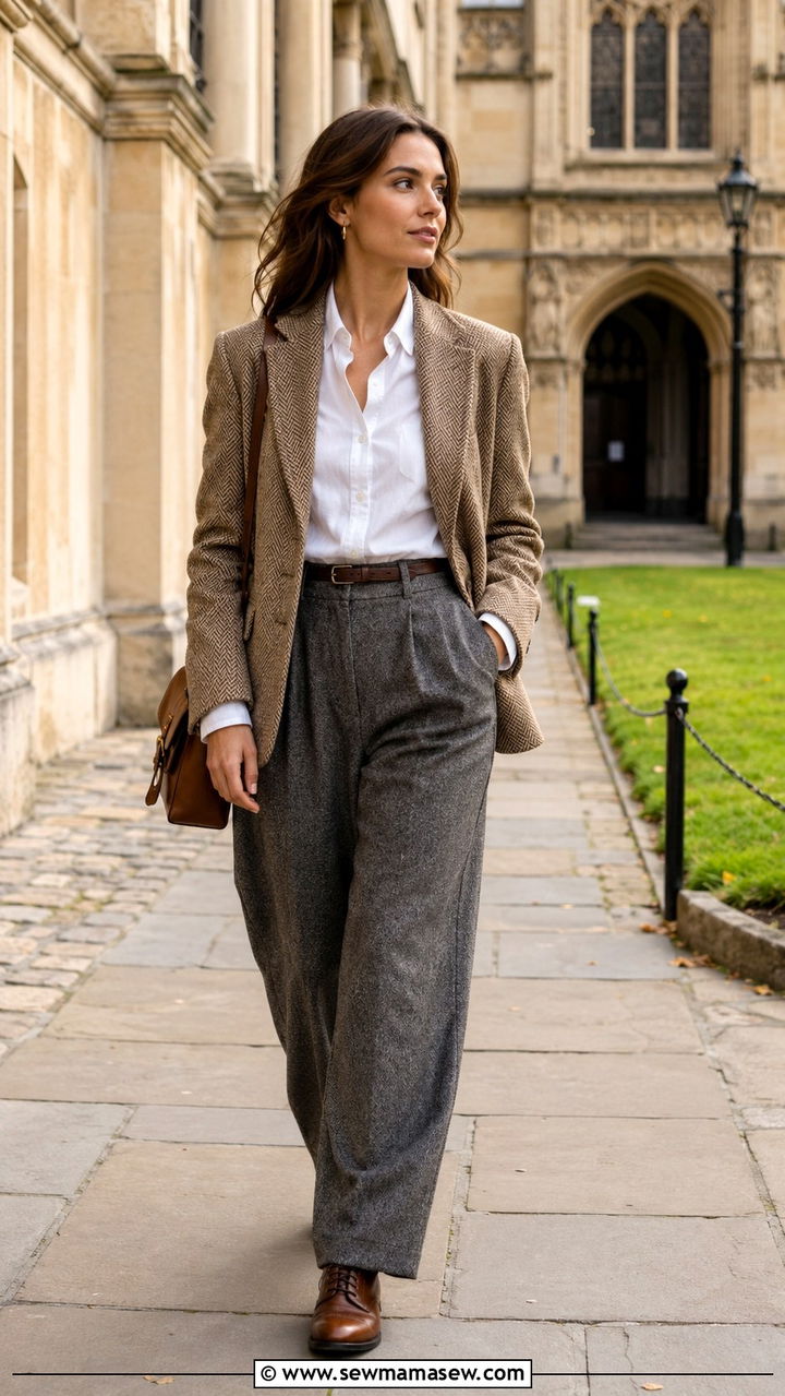 Tan Herringbone Blazer With White Button Down And Grey Trousers - 25 Old money outfit ideas with blazer