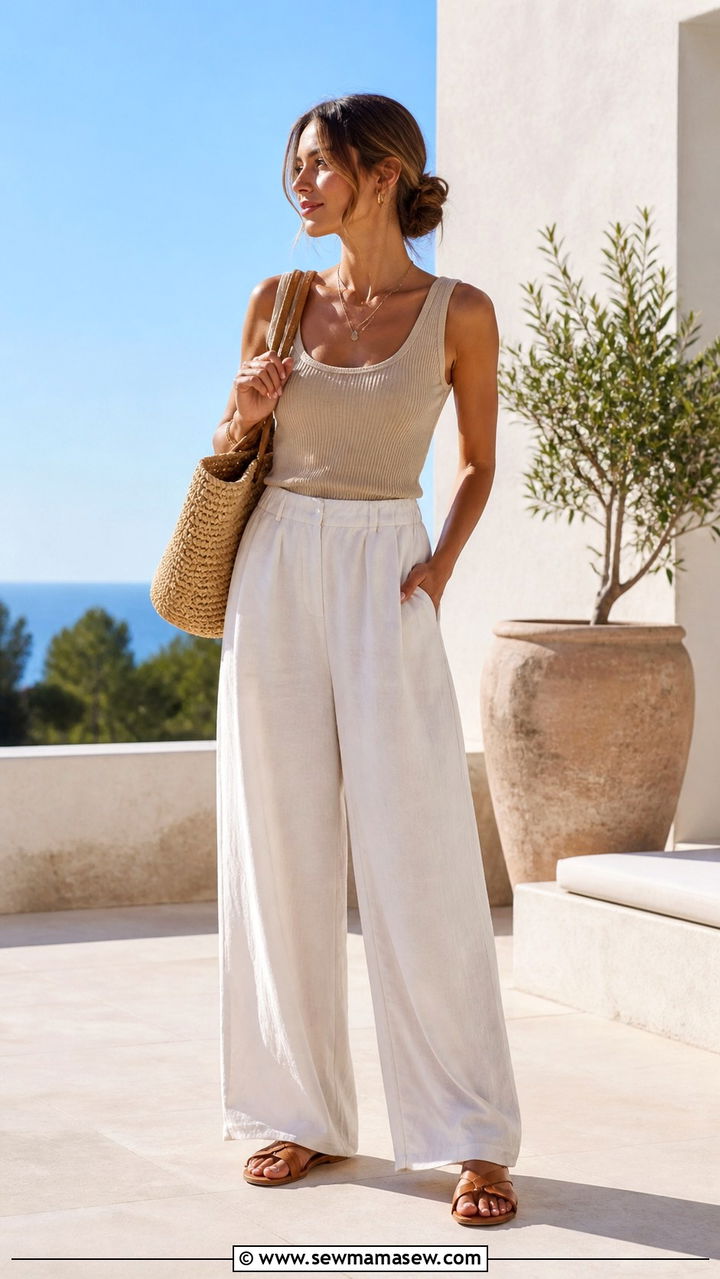 Tan Knit Tank and White Linen Pants - 40 summer minimalist outfits
