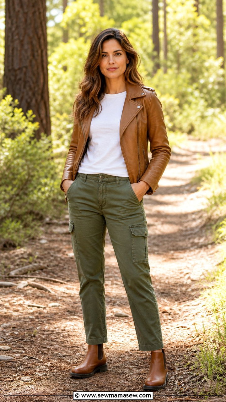 Tan Leather Jacket With Olive Cargo Pants - 40 casual leather jacket outfits