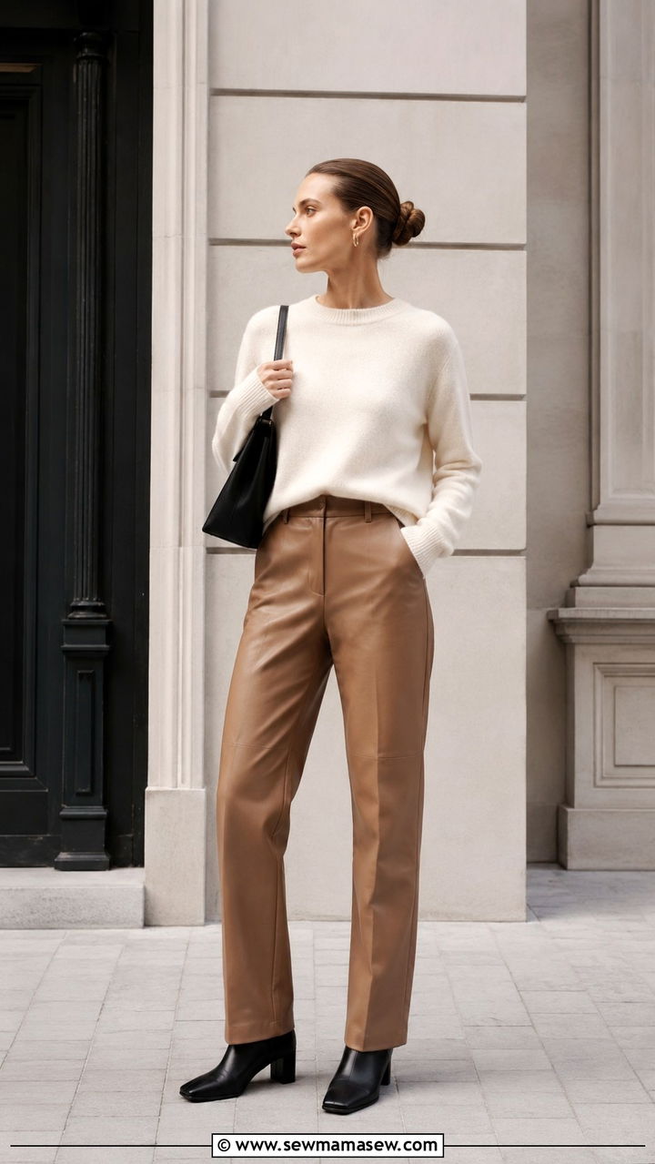 Tan Leather Trousers With Cashmere Sweater - 30 Scandi minimalist outfit ideas