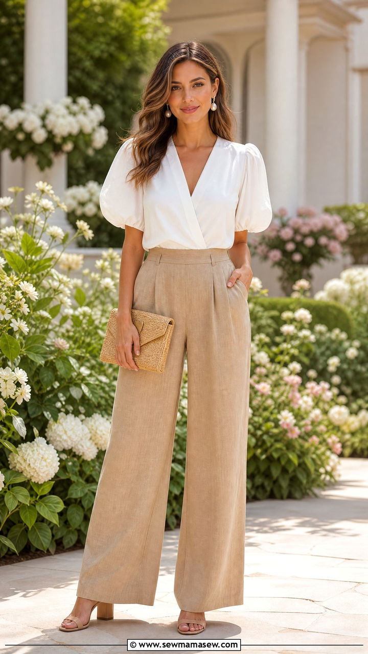 Tan Linen Pants With Puff Sleeve Blouse And Block Heels - 35 linen pants outfits