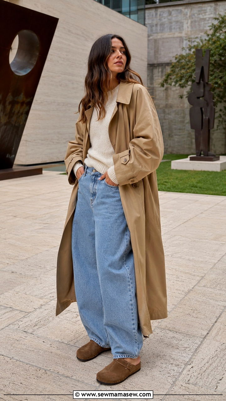 Tan Oversized Trench With Barrel Leg Jeans and Clogs - 30 Long trench coat outfit ideas with jeans
