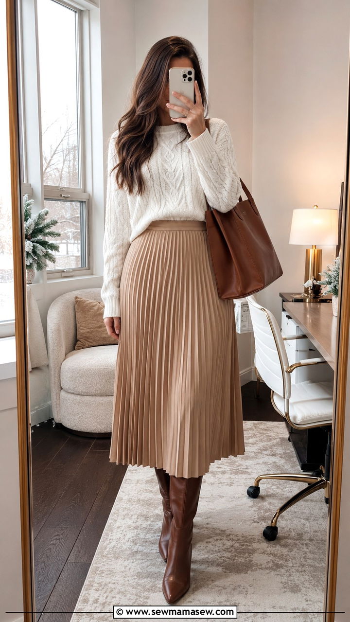 Tan Pleated Skirt With White Cable Knit Sweater - 30 Pleated skirt outfit ideas for work