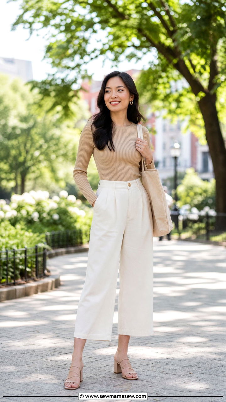 Tan Ribbed Long Sleeve Top and Cream Wide Leg Trousers - 30 Clean girl outfit ideas petite