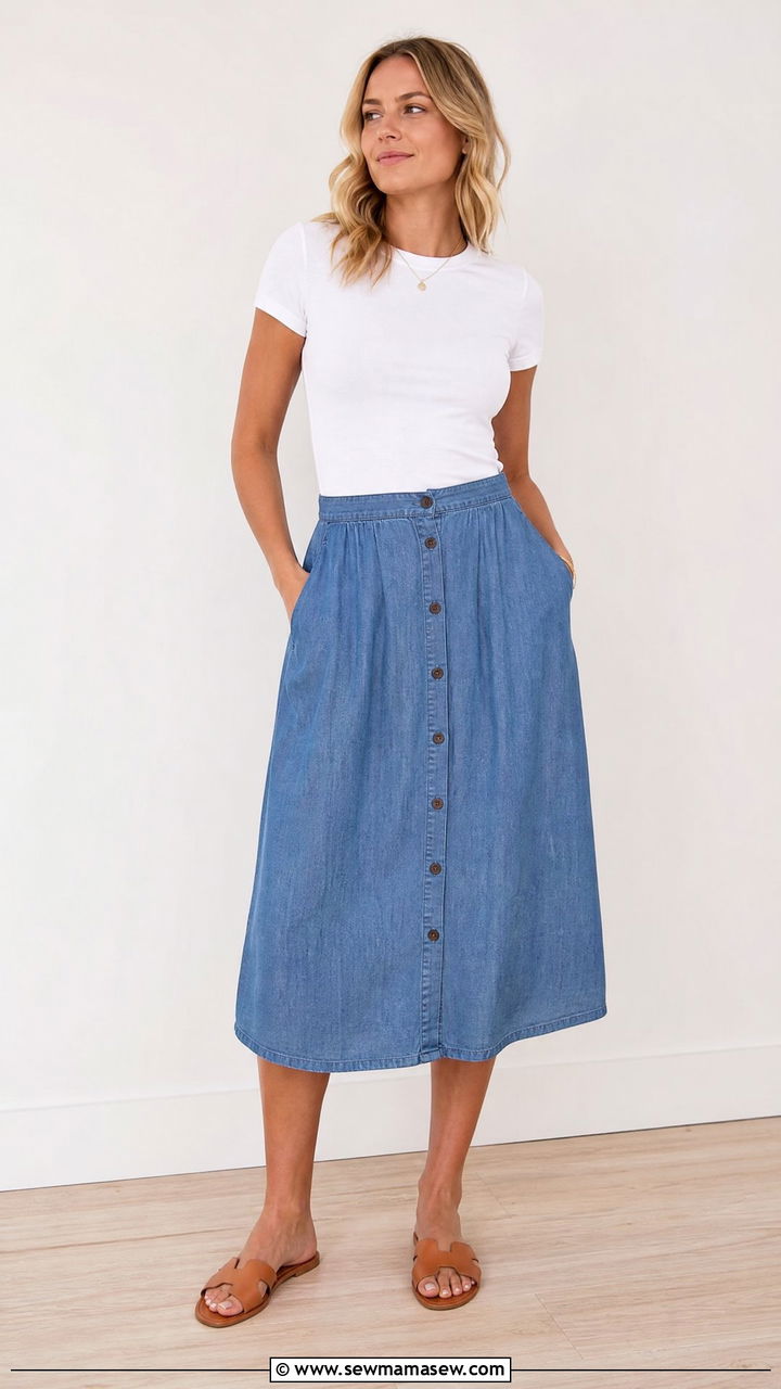 Tan Slip On Sandals With A Button Front Midi Skirt - 30 Summer outfits with slip ons