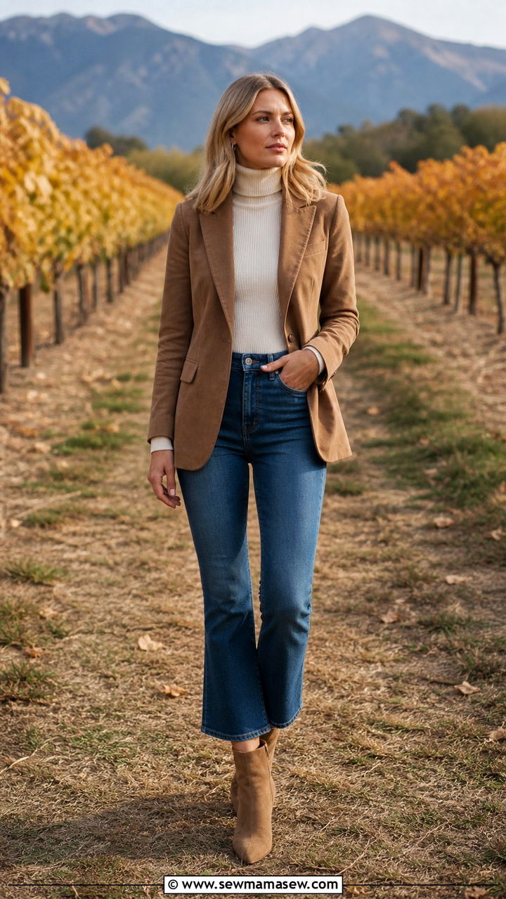 Tan Suede Blazer With Cream Turtleneck And Cropped Flare Jeans - 40 casual blazer outfits