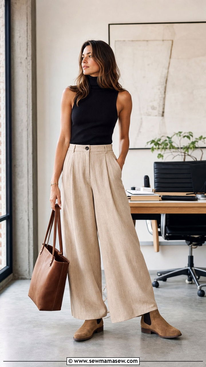 Tan Suede Chelsea Boots With Wide Leg Trousers - 25 Summer outfits with chelsea boots