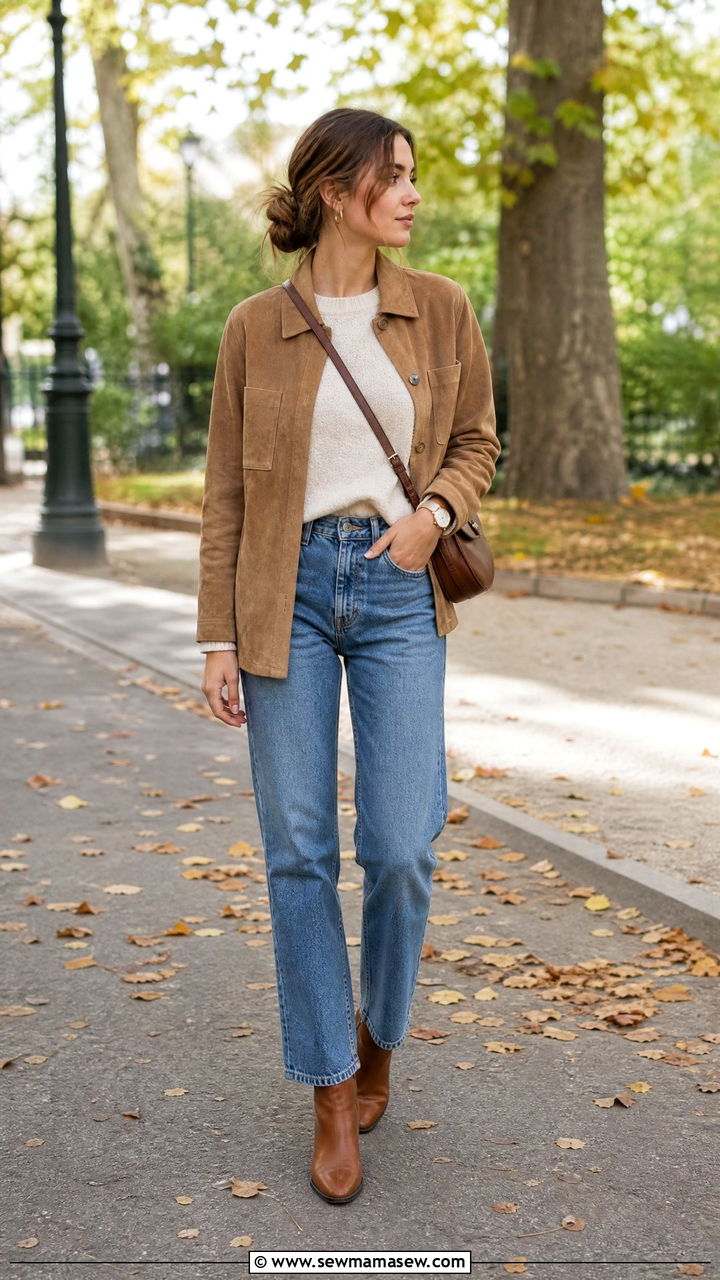 Tan Suede Jacket with Cream Knit and Blue Straight Jeans - 30 French girl outfit ideas minimalist