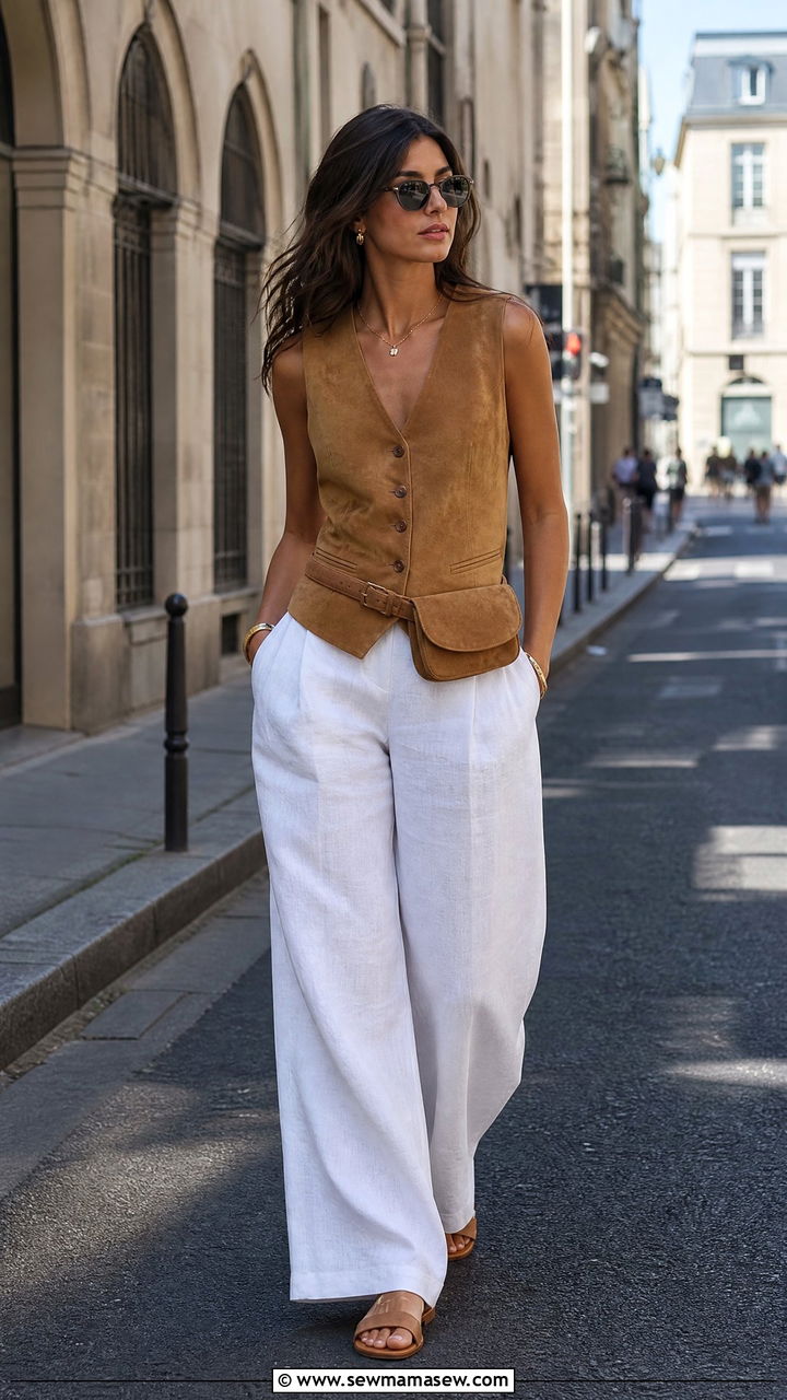 Tan Suede Waistcoat With White Linen Wide Leg Pants - 30 Summer suede outfits