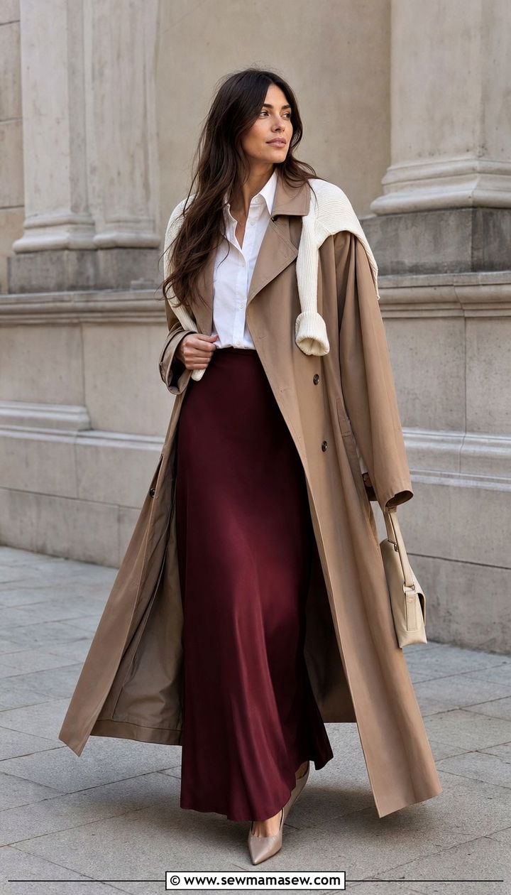 Tan Trench Coat Draped Over White Shirt and Maroon Maxi Skirt - 25 Sofia Richie summer outfit ideas