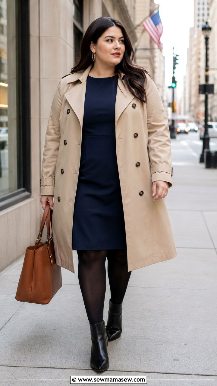 Tan Trench Coat Over Shift Dress With Ankle Boots - 30 plus size job interview outfit ideas