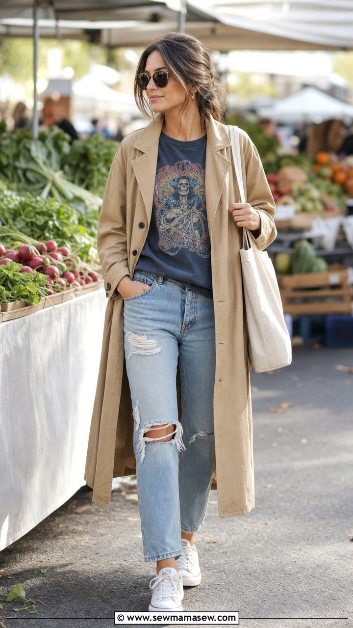 Tan Trench Coat With Ripped Straight Leg Jeans - 25 Straight leg jeans outfit ideas with a trench coat