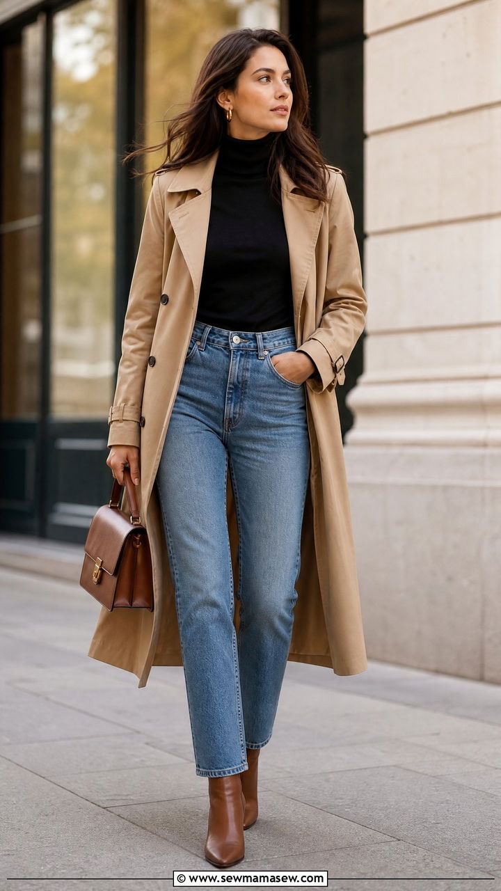 Tan Trench Coat with Black Turtleneck and Blue Jeans Outfit - 30 Retail work outfit ideas