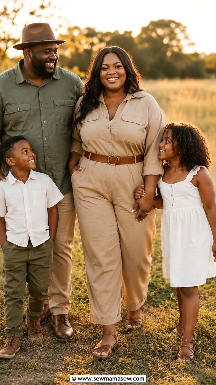 Tan Utility Jumpsuit With Leather Belt And Sandals - 30 Plus size outfit ideas for family photos