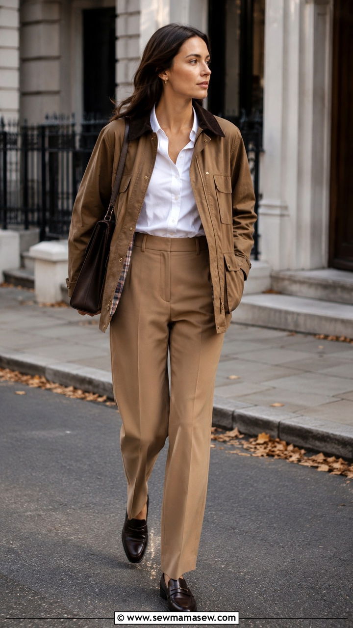Tan Waxed Barn Jacket With White Button Down And Tailored Trousers - 25 Old money outfit ideas with barn jacket