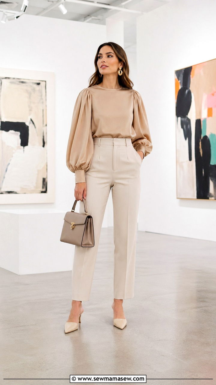 Tan balloon sleeve top with straight leg trousers - 40 All tan outfit ideas