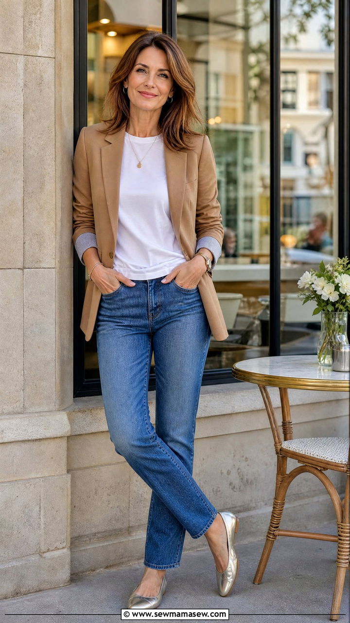 Tan blazer over white tee and blue jeans - 35 Mature woman outfit ideas